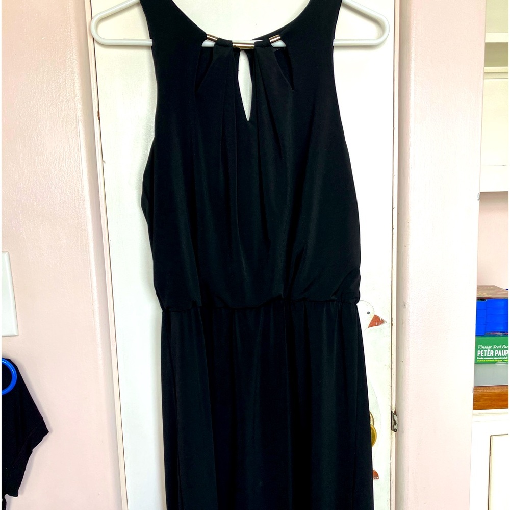 GORGEOUS BLACK DRESS- SLEEVELESS - SILVER NECKLINE- LOW CUT BACK LINED-Small